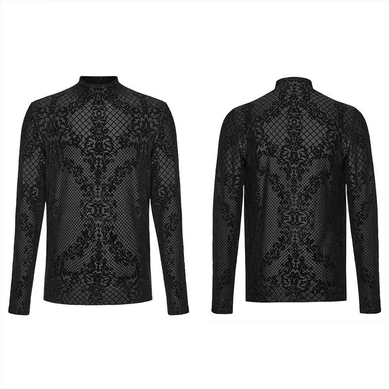 High Collar Unique Aesthetic Positioning Flocking Pattern Elastic Knitted Fabric Goth Flocking T-Shirt