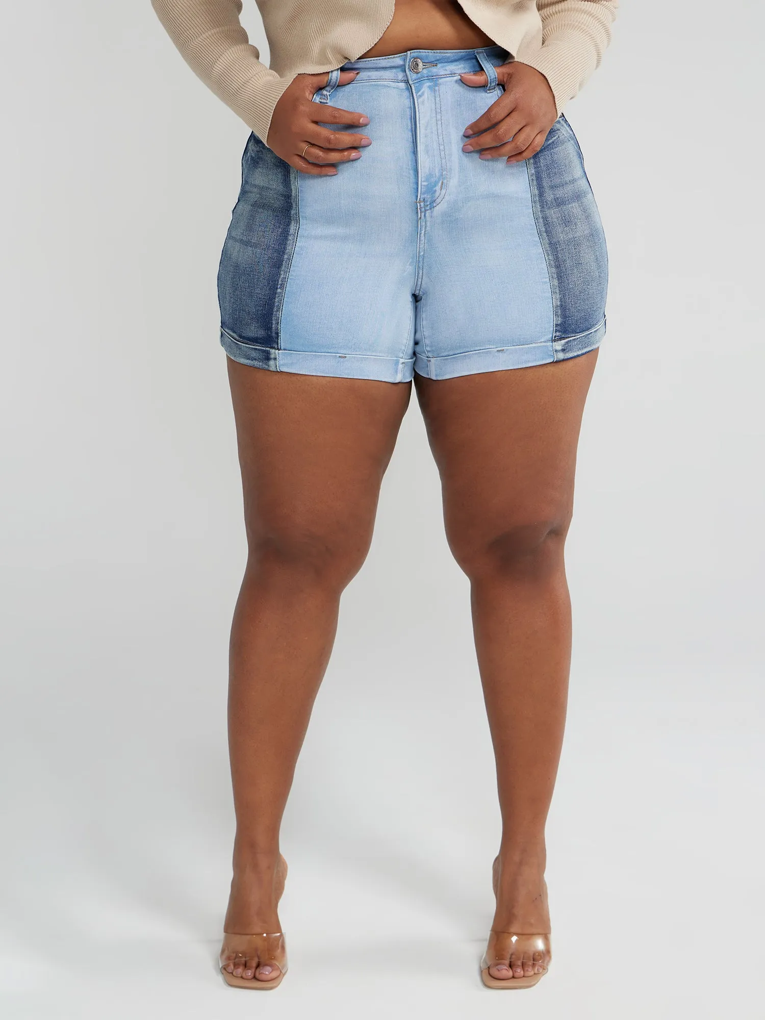 High Rise Two Tone Denim Shorts