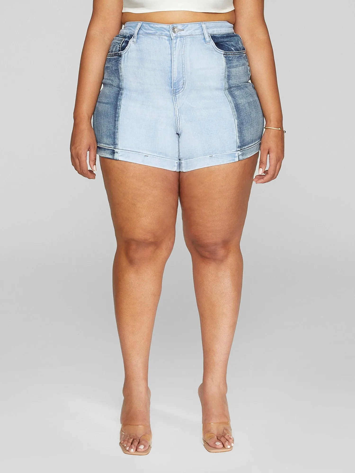 High Rise Two Tone Denim Shorts