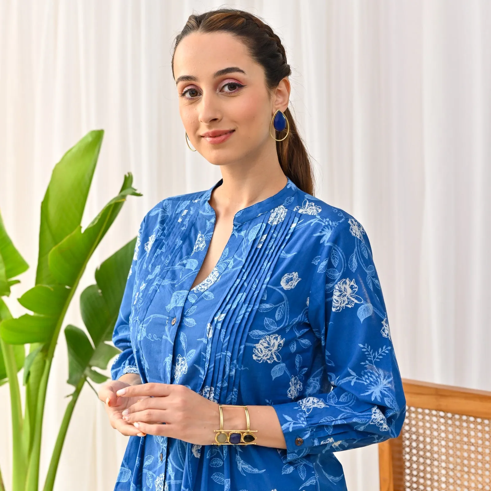 Indigo Sanganeri Printed Shirt Tunic with Pintuck Details