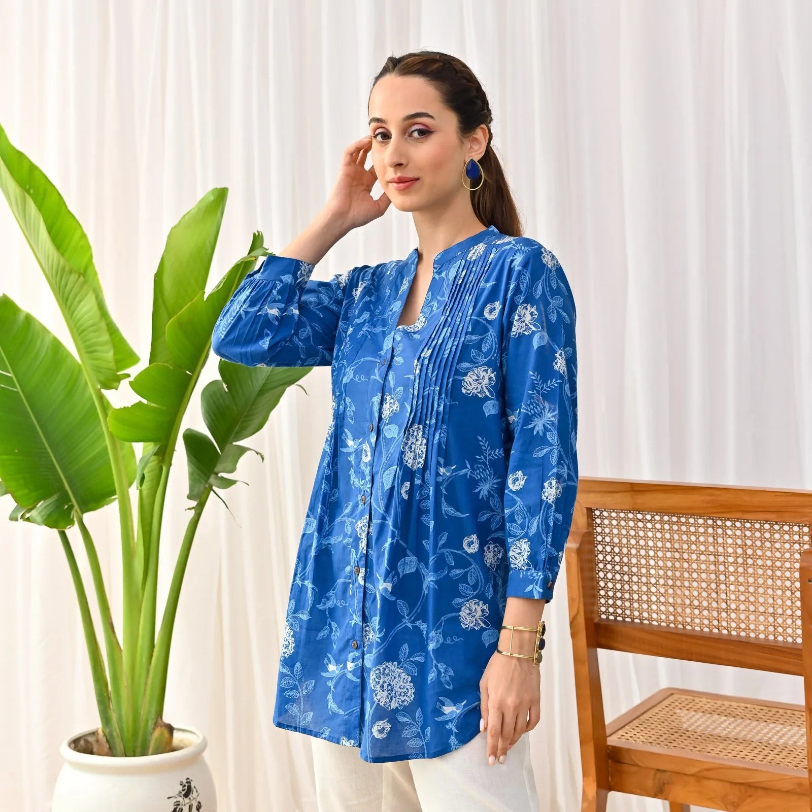 Indigo Sanganeri Printed Shirt Tunic with Pintuck Details