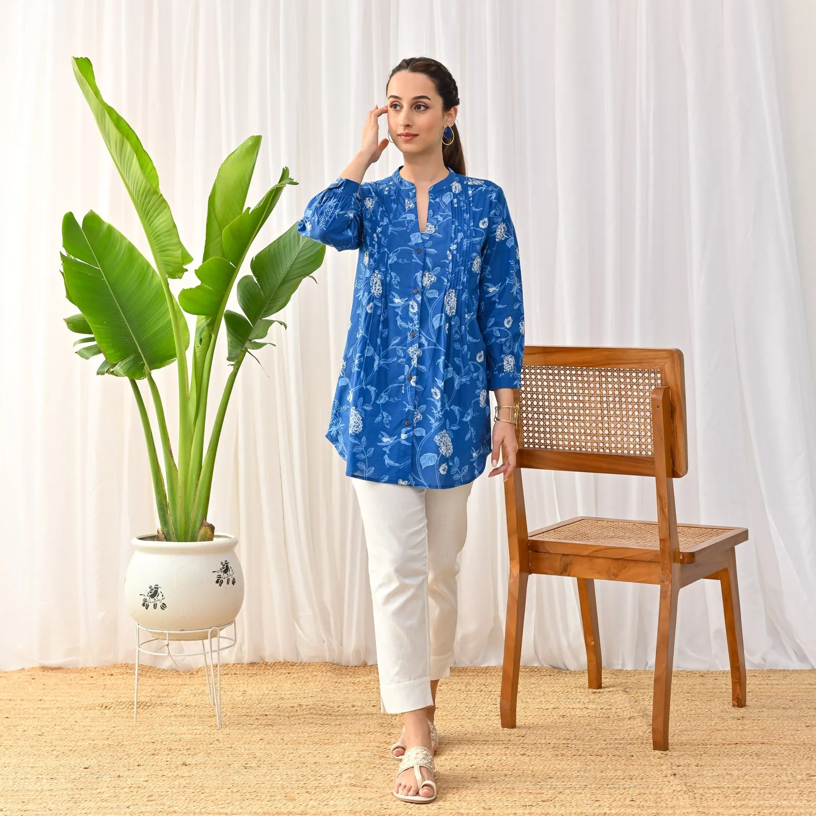 Indigo Sanganeri Printed Shirt Tunic with Pintuck Details