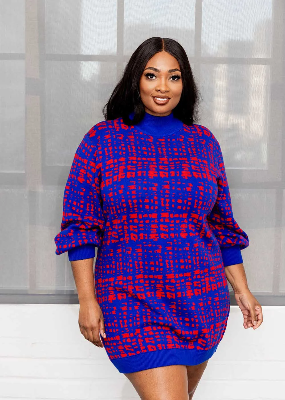 Keziah Women's African Print Sweater Dress (Red Blue Adire) - Clearance