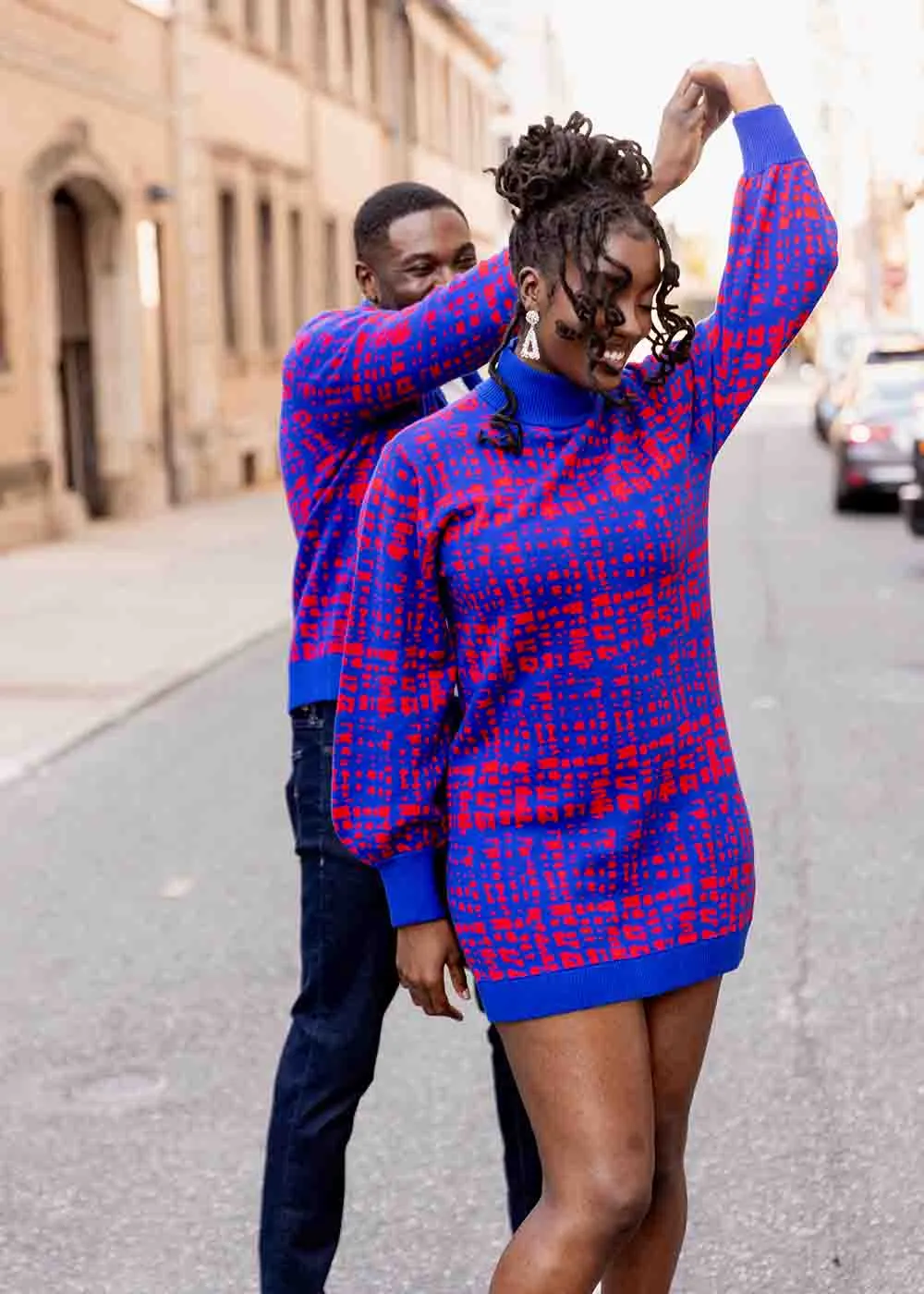 Keziah Women's African Print Sweater Dress (Red Blue Adire) - Clearance