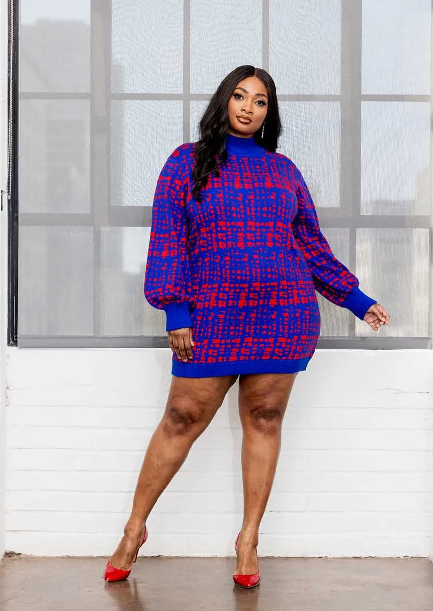 Keziah Women's African Print Sweater Dress (Red Blue Adire) - Clearance