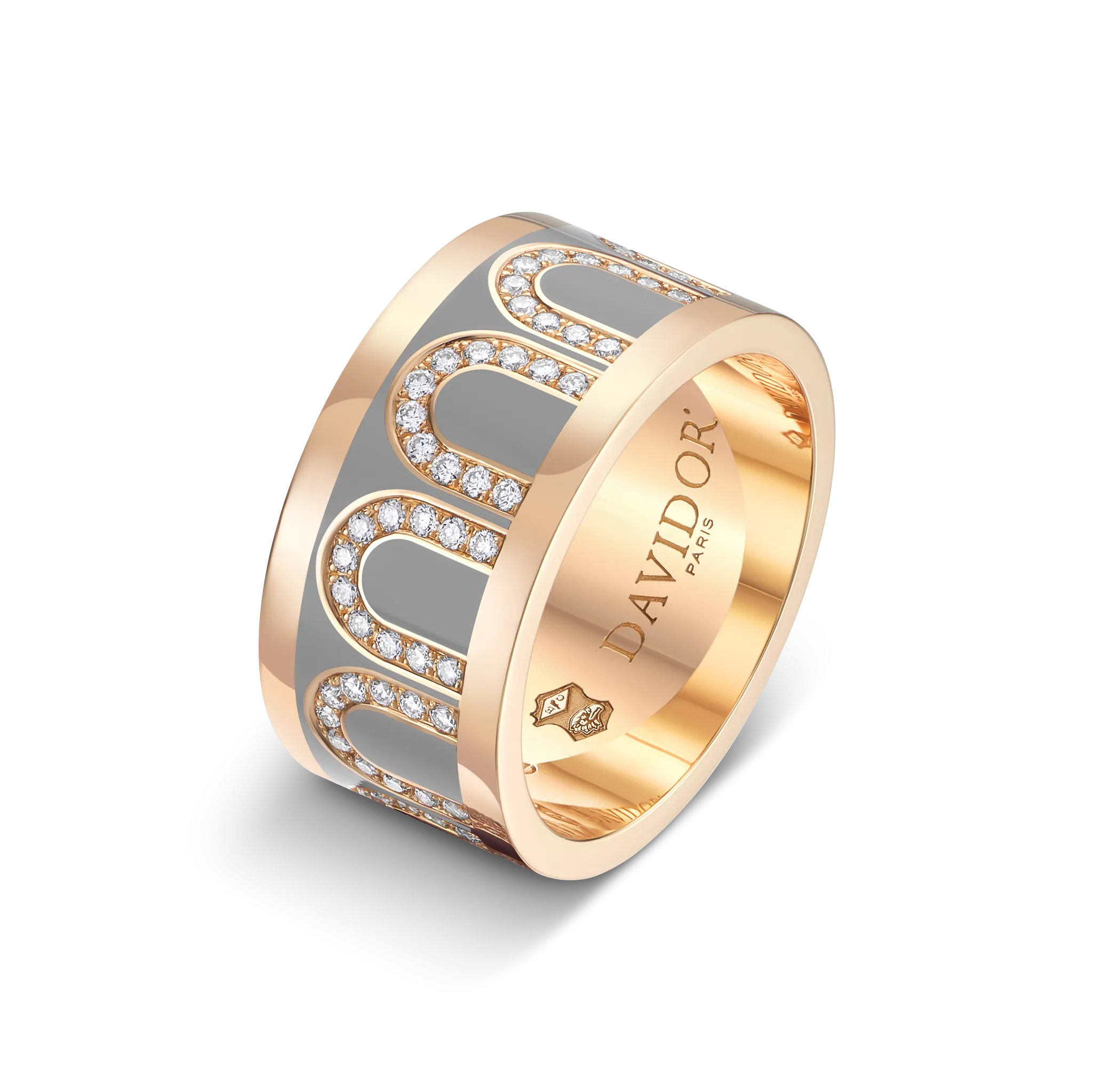 L'Arc de DAVIDOR Ring GM, 18k Rose Gold with Anthracite Lacquered Ceramic and Arcade Diamonds