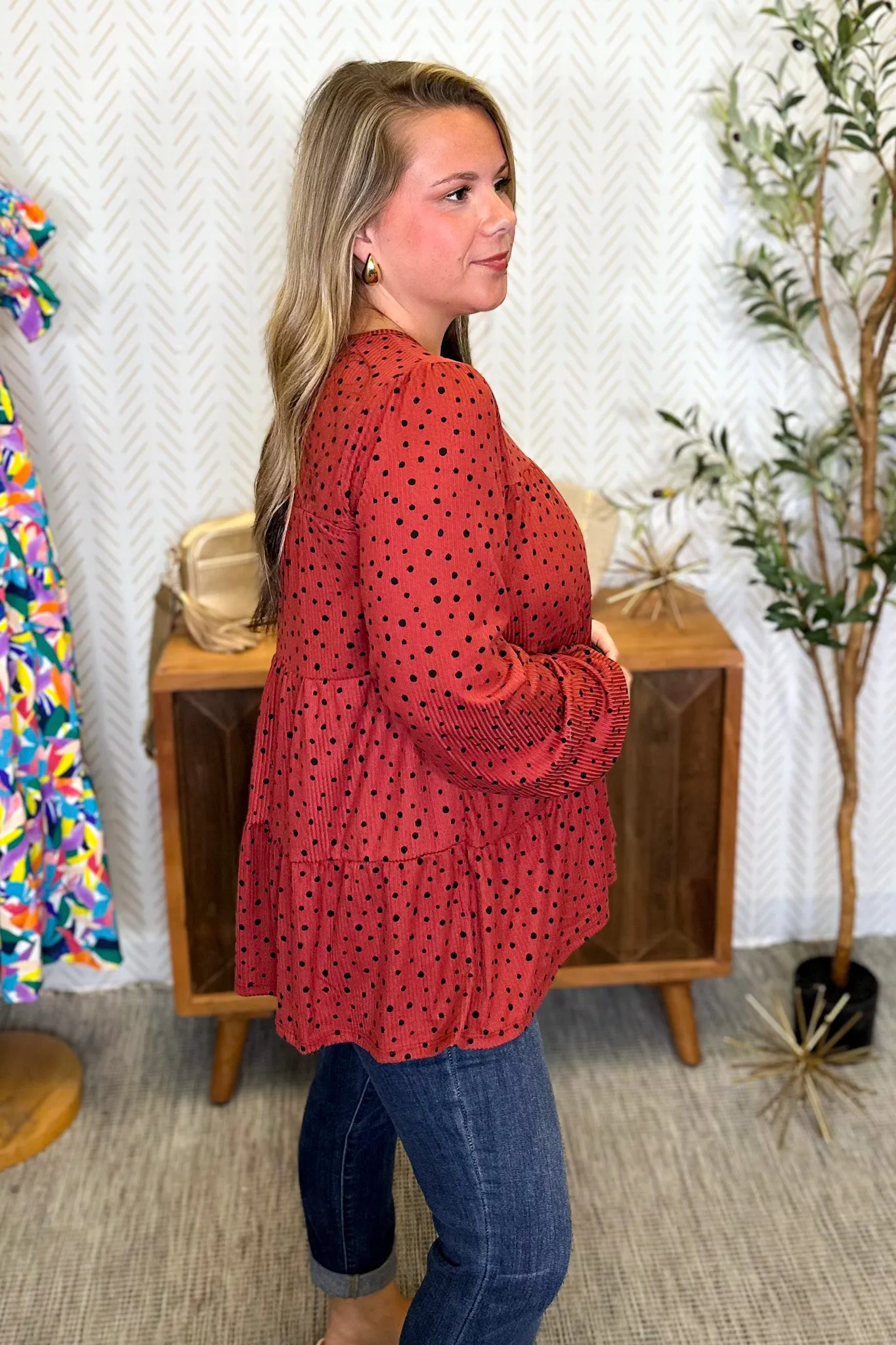 Little Things Spotted Tiered Top, Marsala