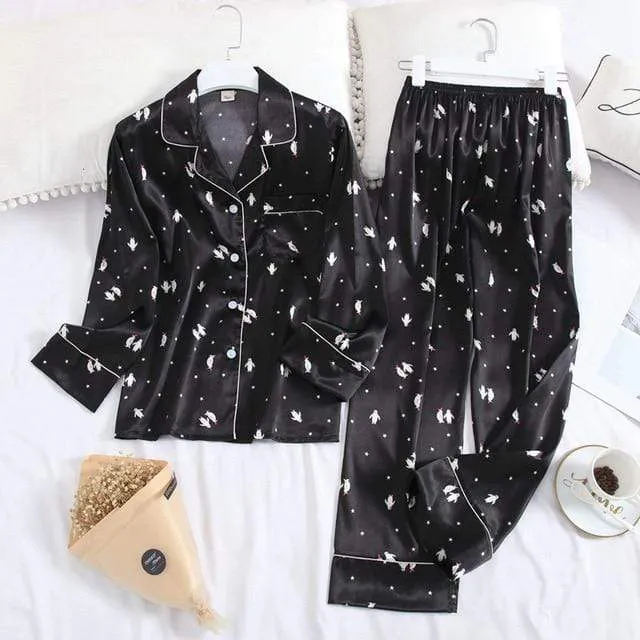 Long Sleeve Pajamas Autumn Ice Silk Long Sleeve Trousers Suit Printing Fashion Pyjamas Set