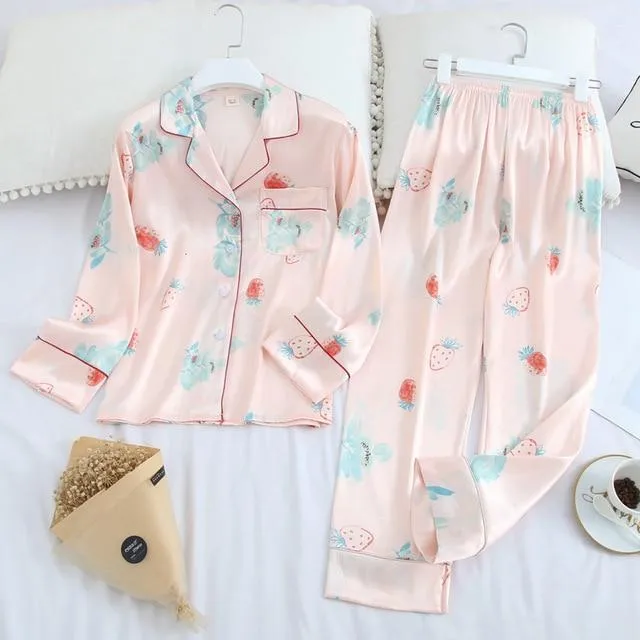 Long Sleeve Pajamas Autumn Ice Silk Long Sleeve Trousers Suit Printing Fashion Pyjamas Set