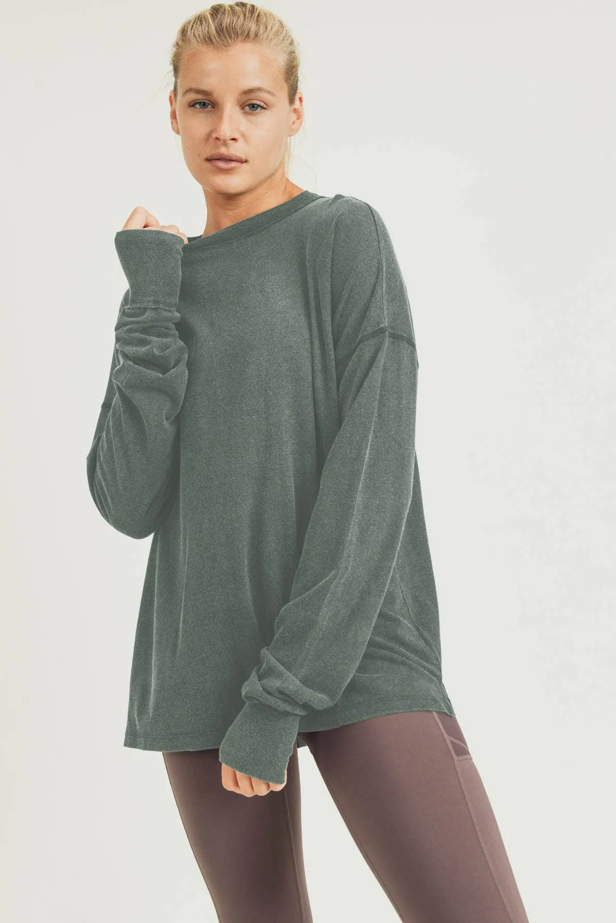 Longline Mineral-Washed Hi-Lo Sweater with Thumb Holes