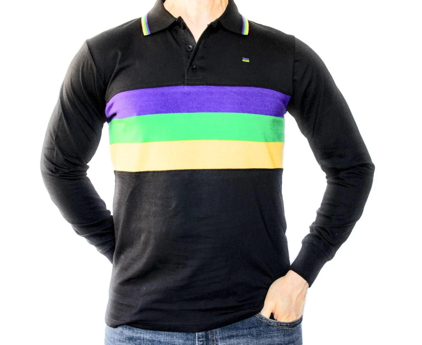 Mardi Gras Black Three Stripe Woven Sleeve Polo Shirt (Long or Short Sleeves)