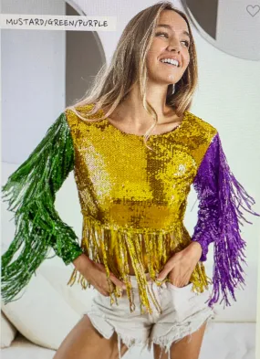 Mardi Gras Sequin Fringe Crop Top