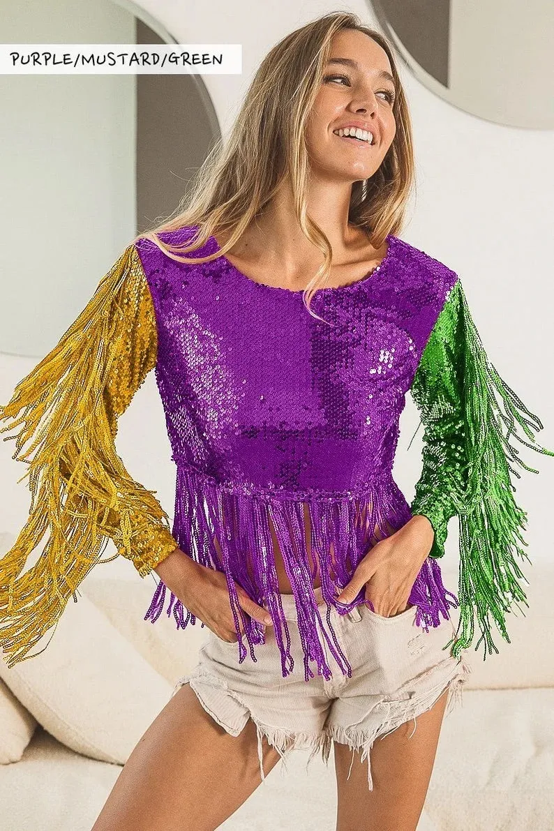 Mardi Gras Sequin Fringe Crop Top