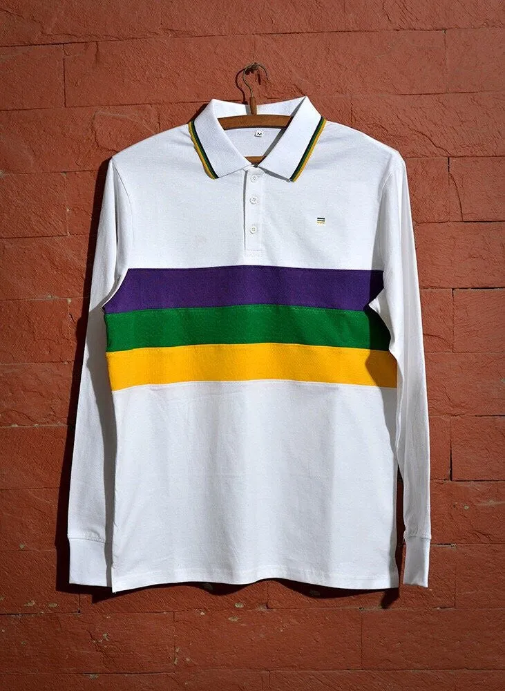 Mardi Gras Three Striped Long Sleeve Polo Shirt