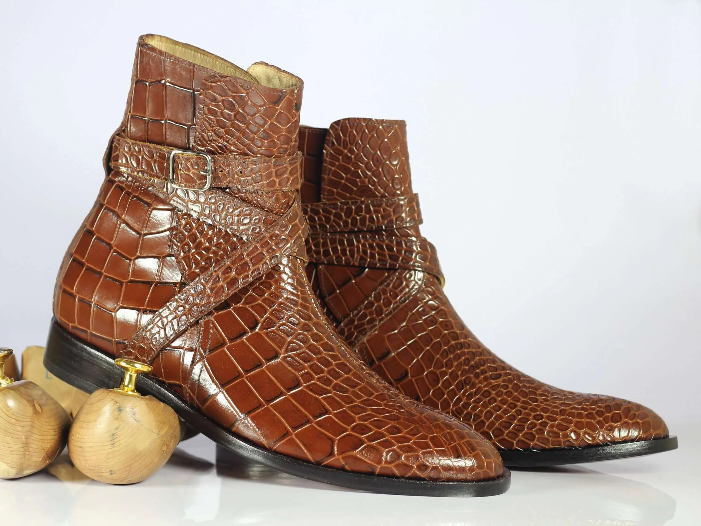 Men's Handmade Brown Jodhpurs alligator texture Boots, Men Designer Dress Boots