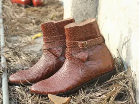 Men's Handmade Brown Jodhpurs alligator texture Boots, Men Designer Dress Boots