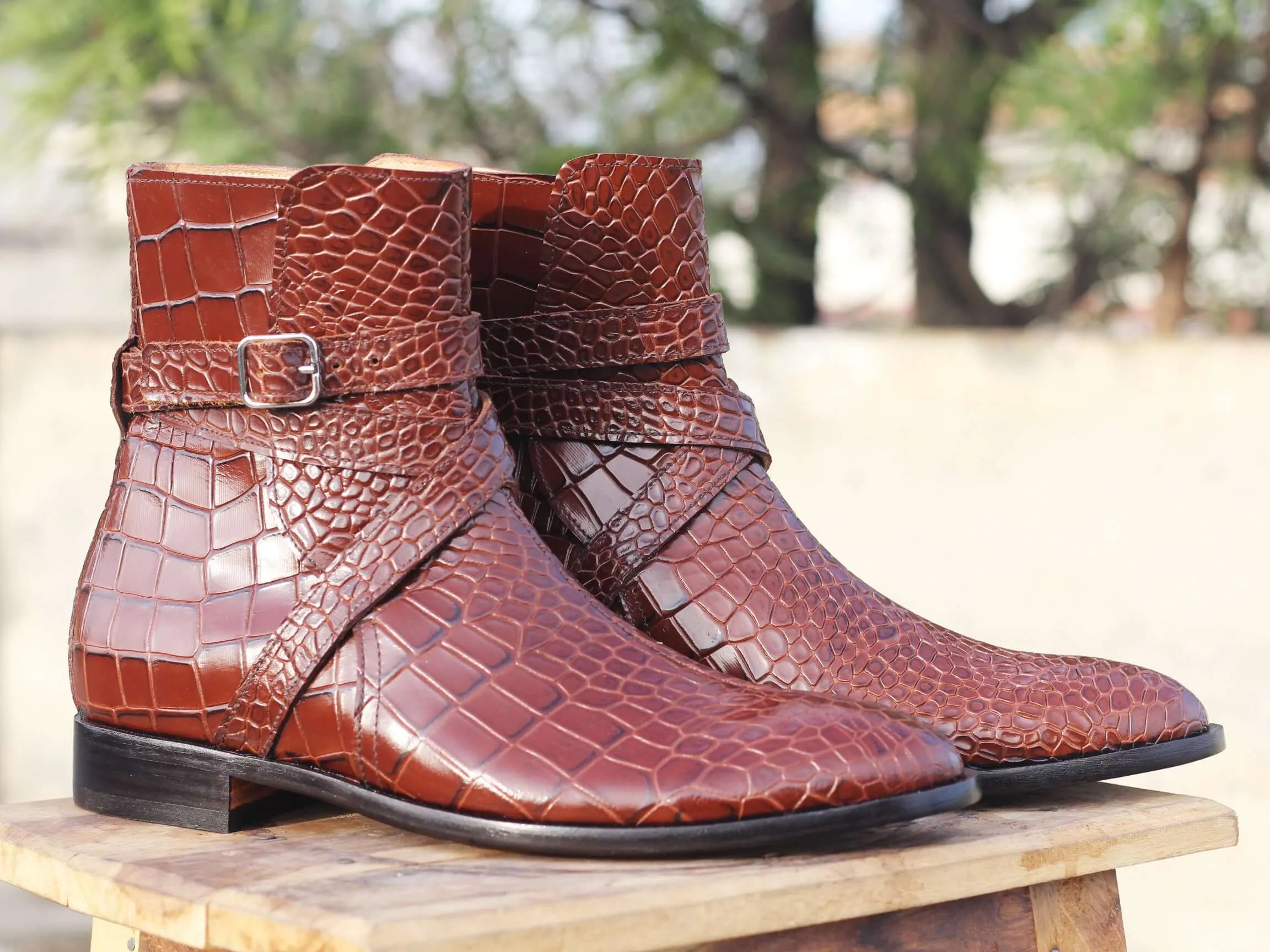 Men's Handmade Brown Jodhpurs alligator texture Boots, Men Designer Dress Boots