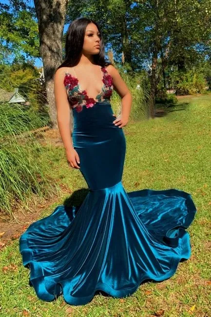 Mermaid V-Neck Applique Spaghetti Straps Long Prom Dress SH804