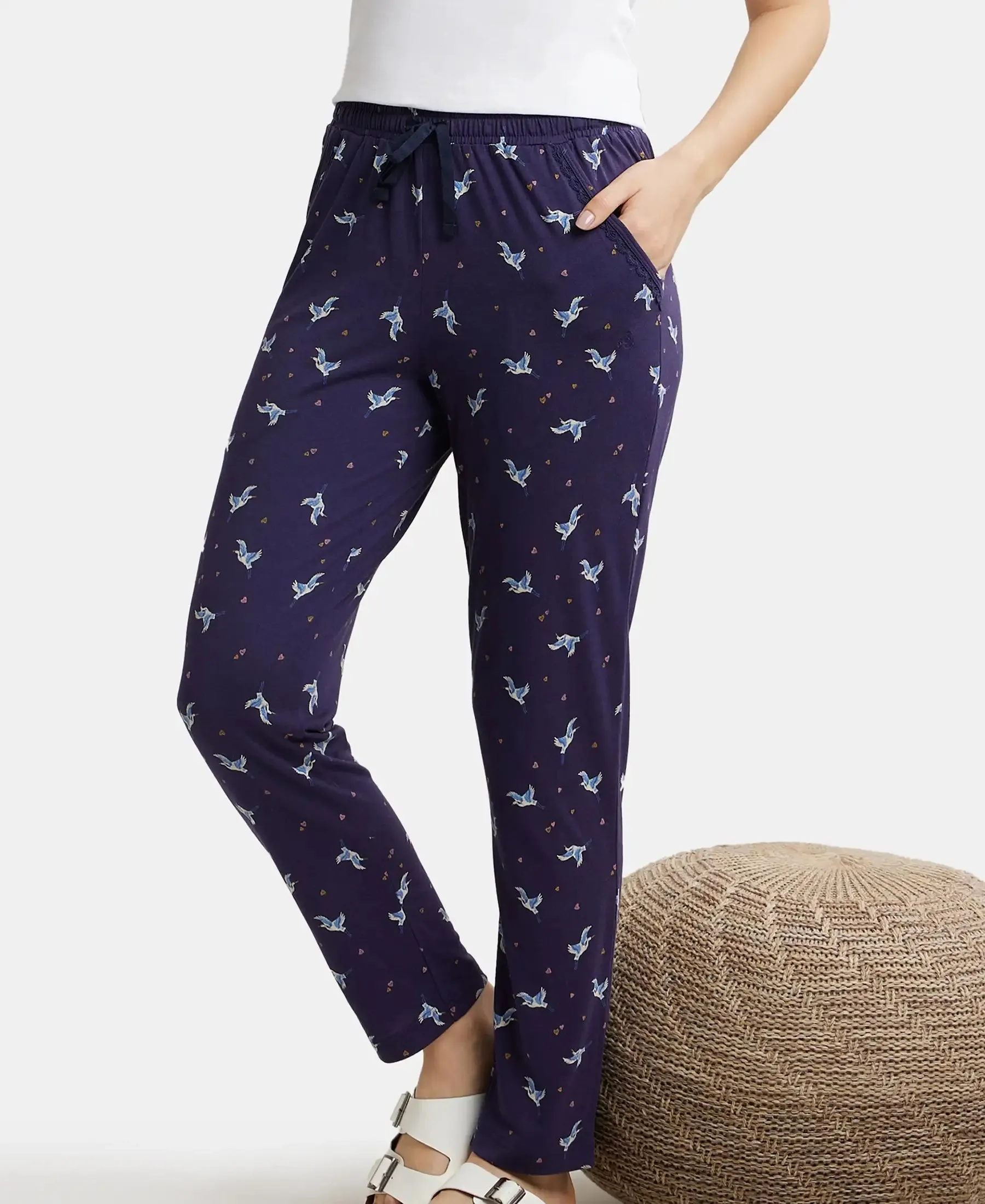 Micro Modal Cotton Relaxed Fit Printed Pyjama with Side Pockets - Classic Navy Assorted Prints