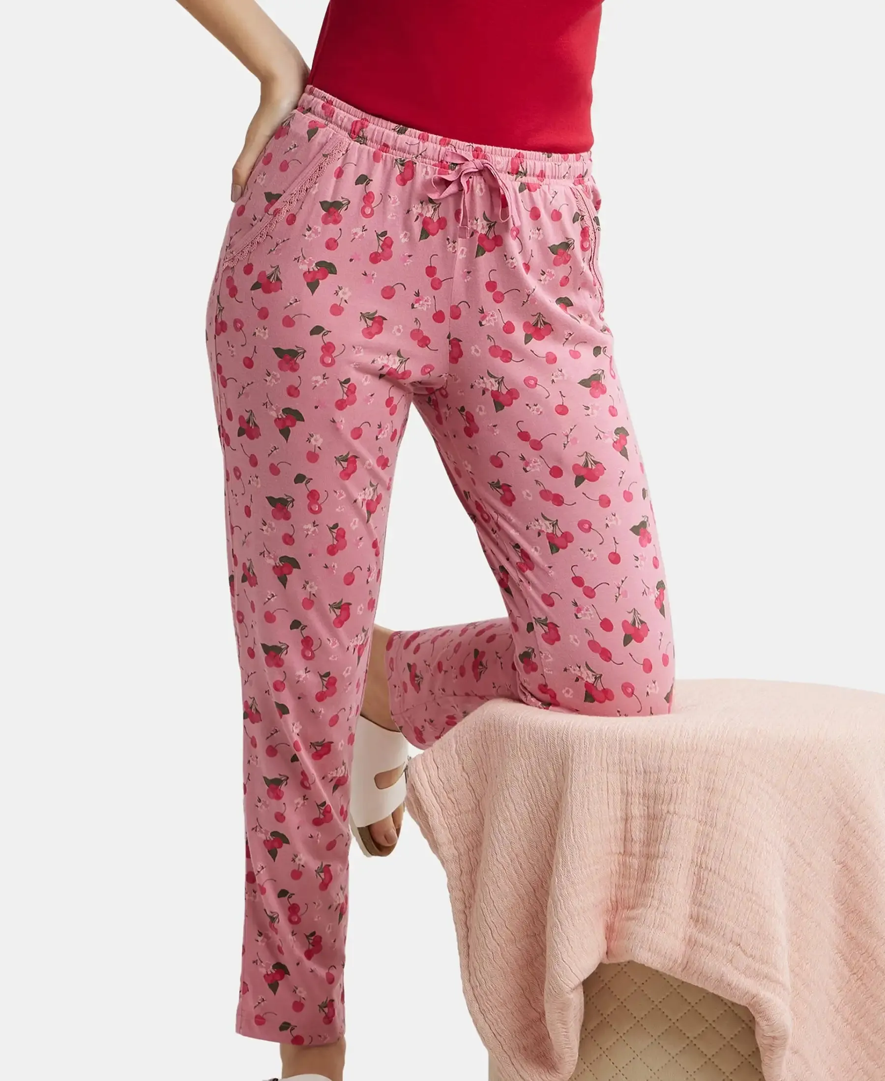 Micro Modal Cotton Relaxed Fit Printed Pyjama with Side Pockets - Wild Rose