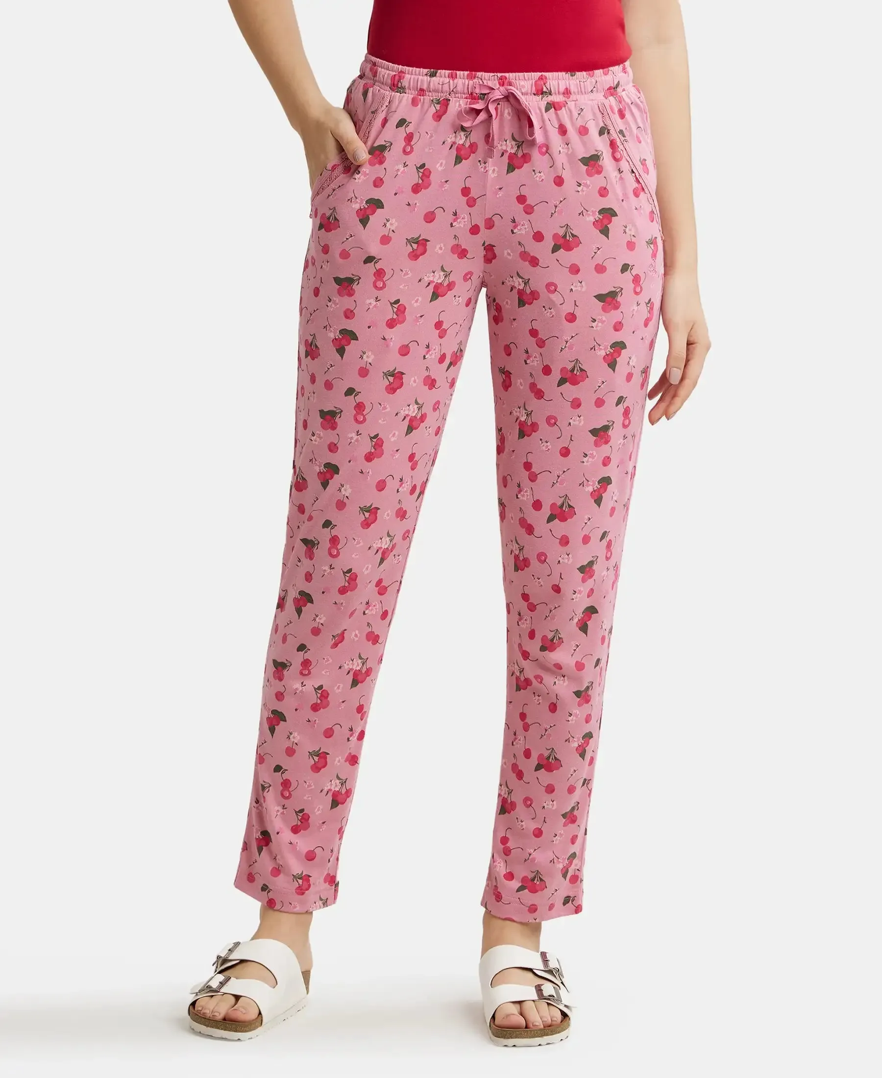 Micro Modal Cotton Relaxed Fit Printed Pyjama with Side Pockets - Wild Rose