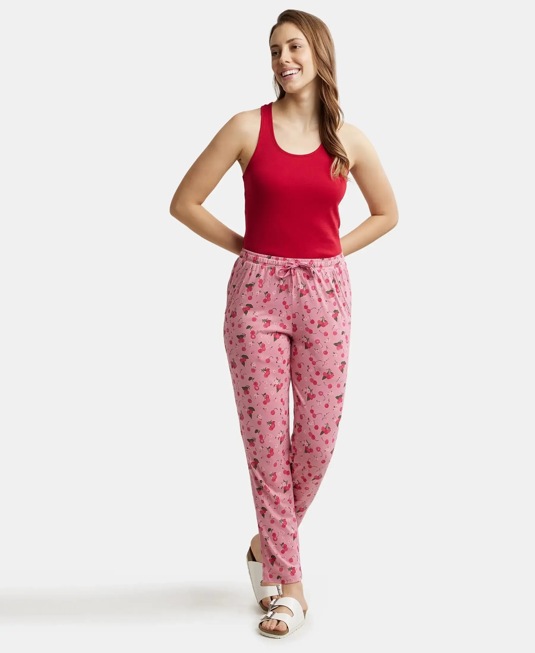 Micro Modal Cotton Relaxed Fit Printed Pyjama with Side Pockets - Wild Rose