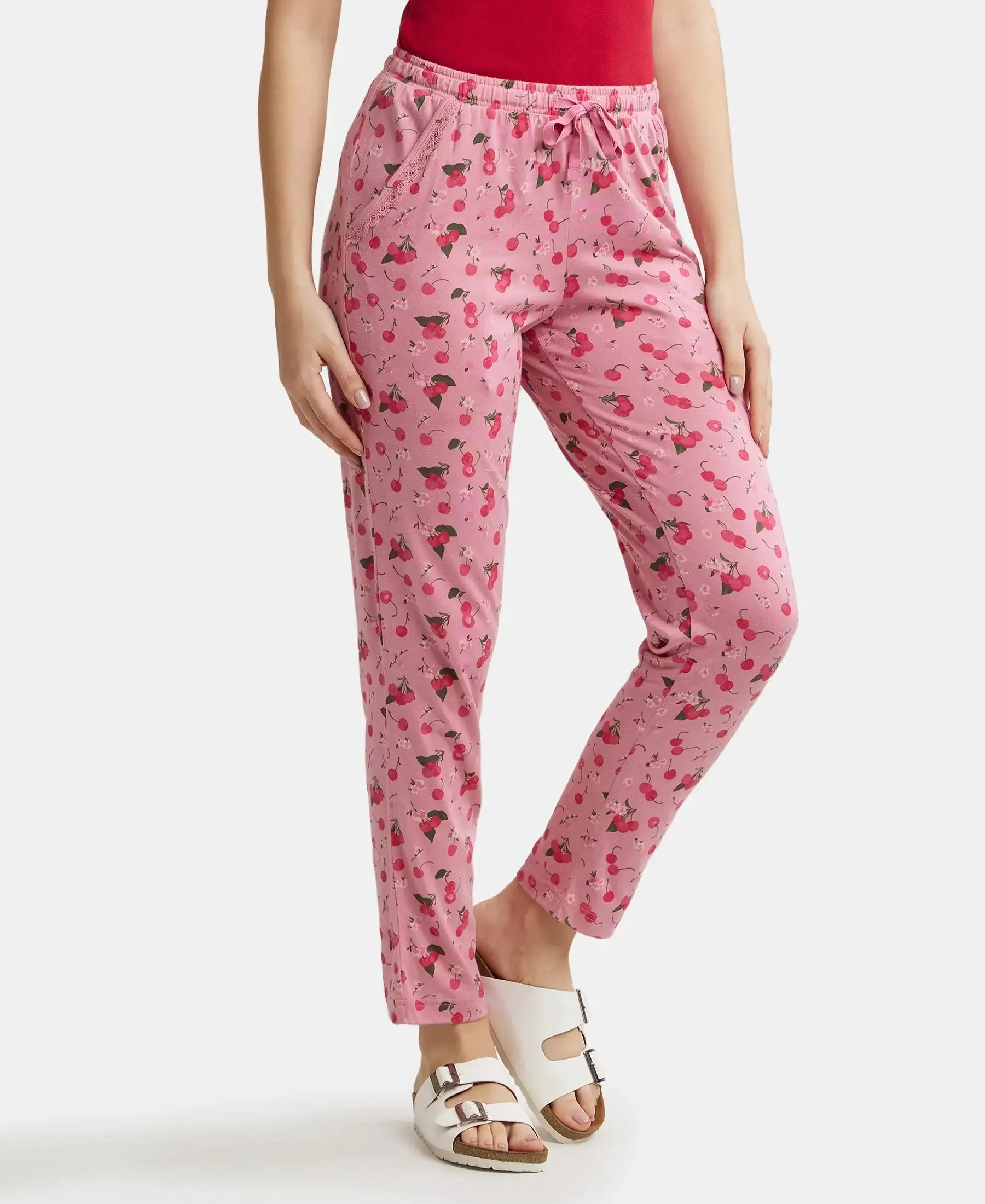 Micro Modal Cotton Relaxed Fit Printed Pyjama with Side Pockets - Wild Rose