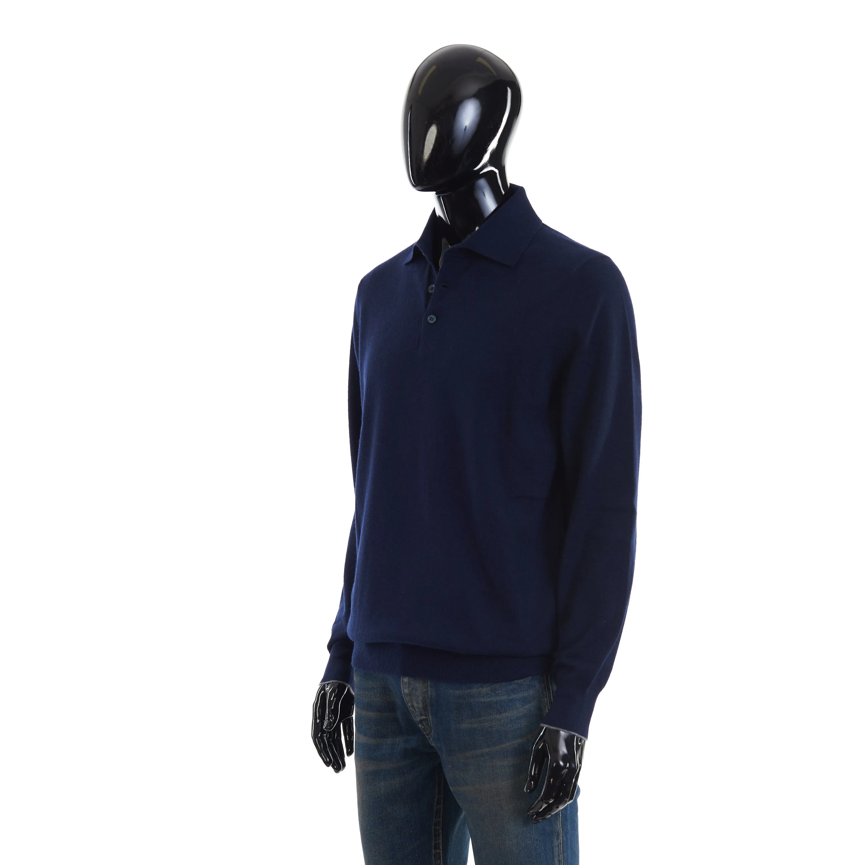 Navy Blue Long-Sleeved Cashmere Polo Shirt