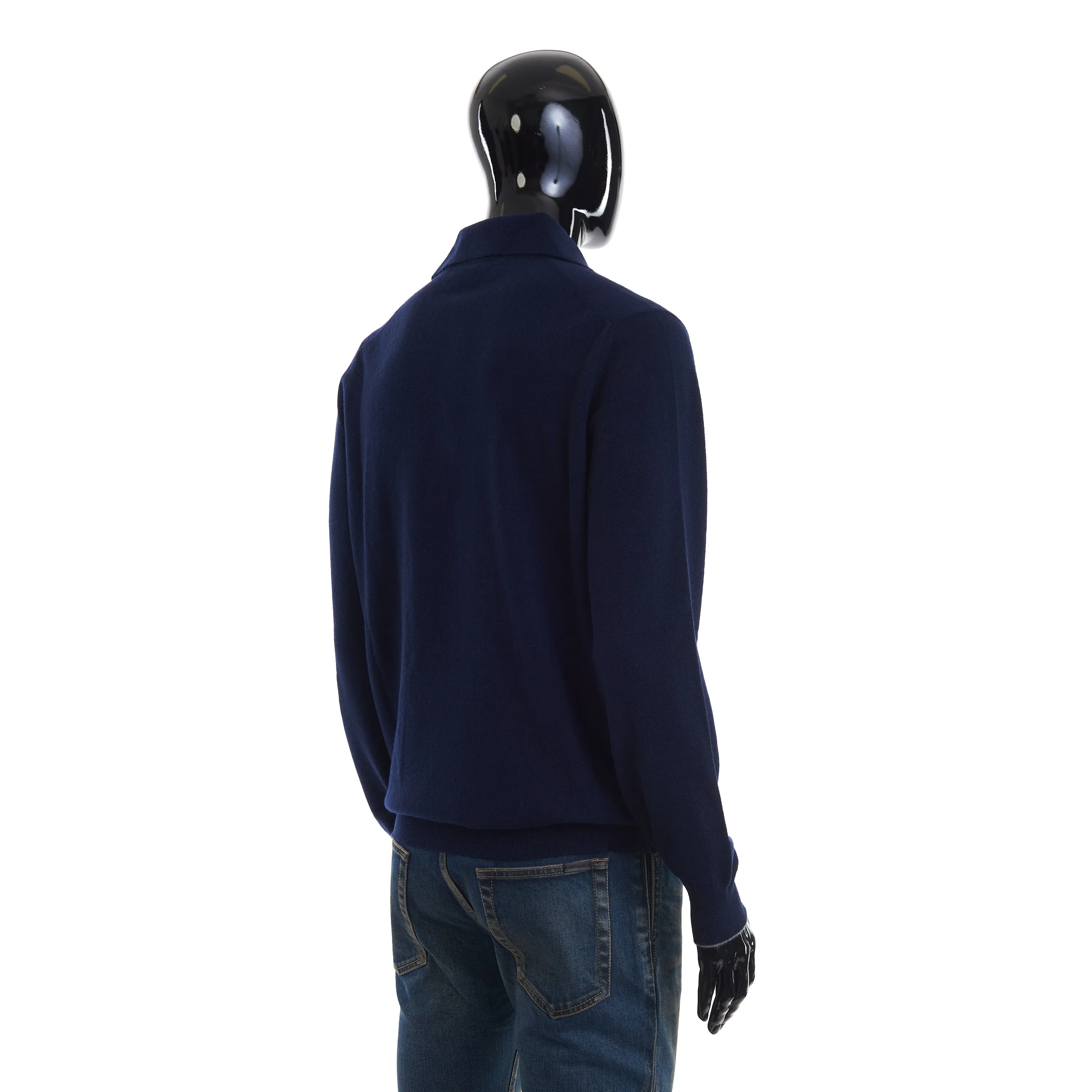 Navy Blue Long-Sleeved Cashmere Polo Shirt