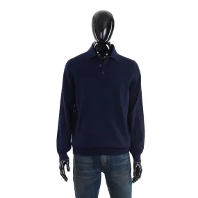 Navy Blue Long-Sleeved Cashmere Polo Shirt