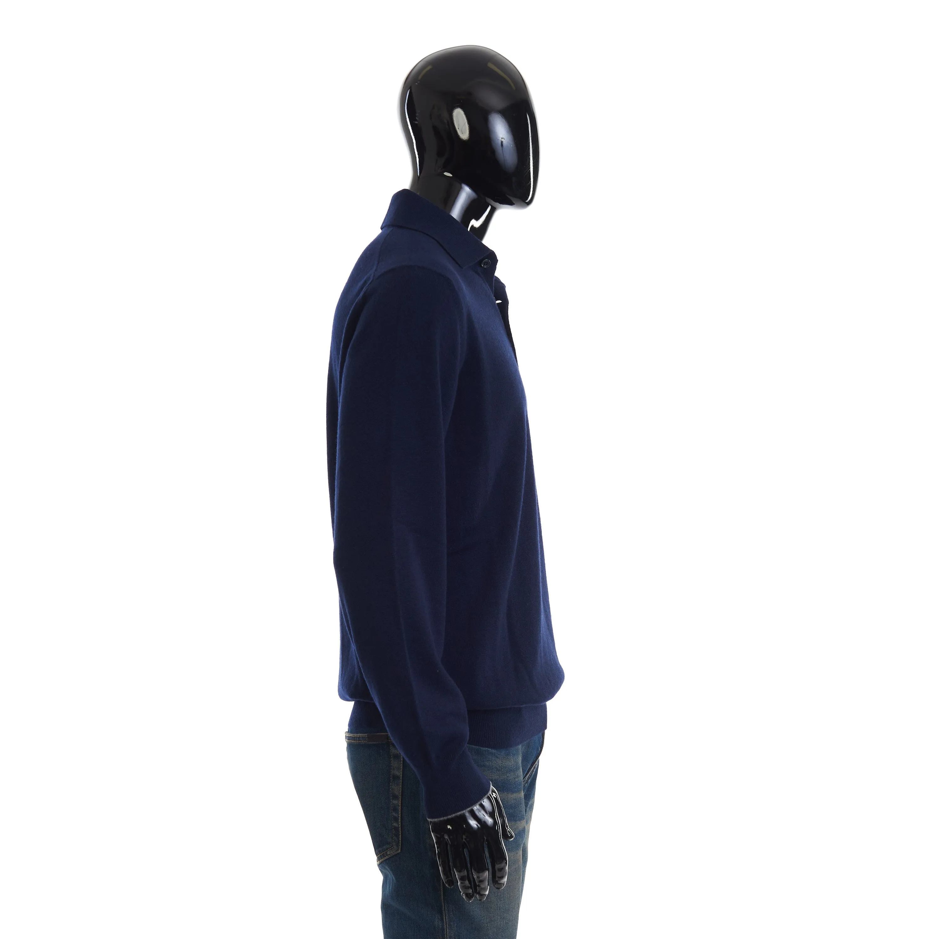 Navy Blue Long-Sleeved Cashmere Polo Shirt