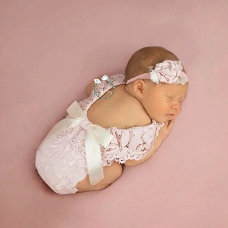 Newborn Baby Photography Props Costume, Lace Romper With Headband, Reborn Baby Lace Romper Photo Prop