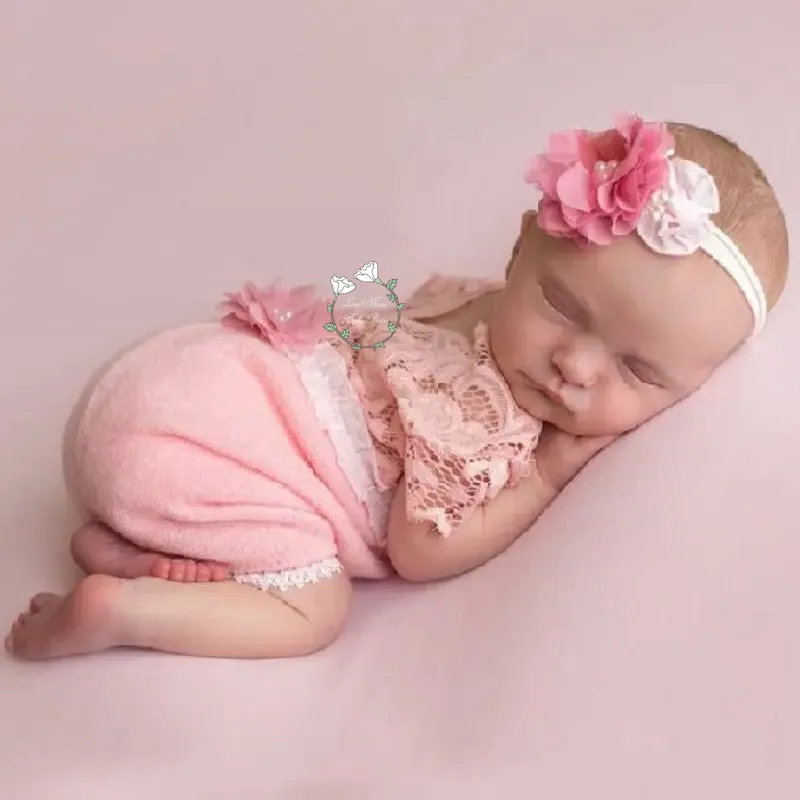 Newborn Baby Photography Props Costume, Lace Romper With Headband, Reborn Baby Lace Romper Photo Prop