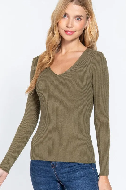 NICKI LONG SLEEVE V-NECK FITTED VISCOSE RIB SWEATER TOP