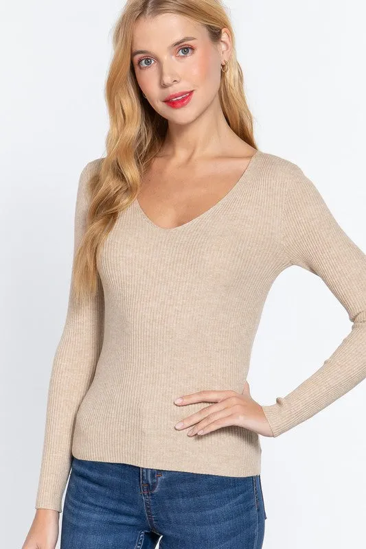 NICKI LONG SLEEVE V-NECK FITTED VISCOSE RIB SWEATER TOP