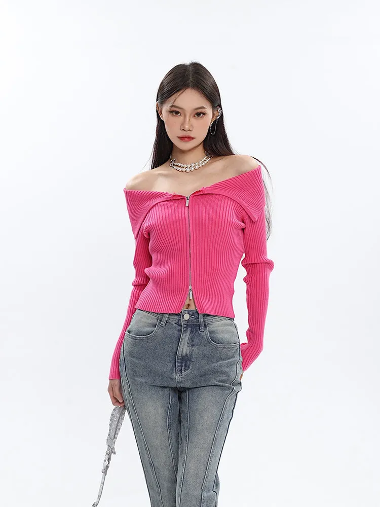 Off Shoulder Fold-over Zip Cardigan