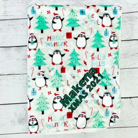 Personalized Embroidered Plush Holiday Baby Blanket - Penguins