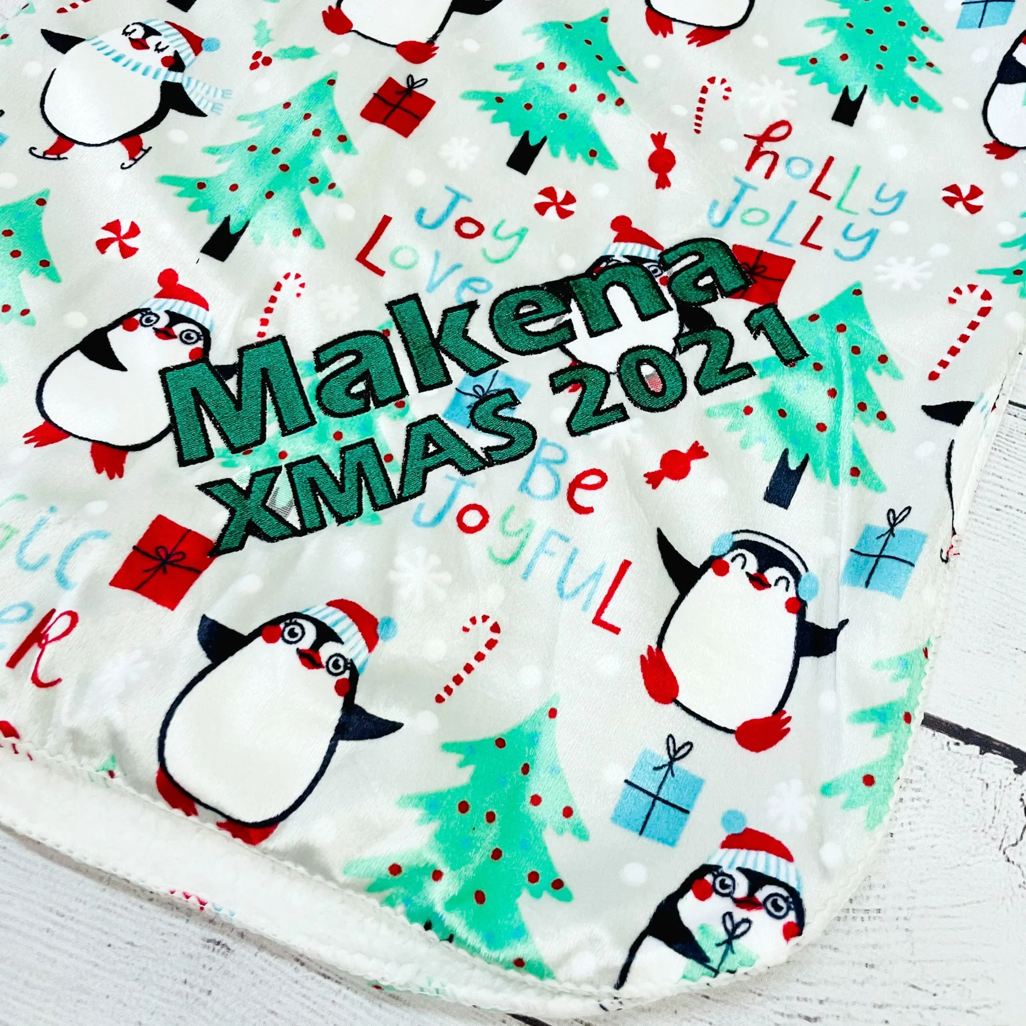 Personalized Embroidered Plush Holiday Baby Blanket - Penguins