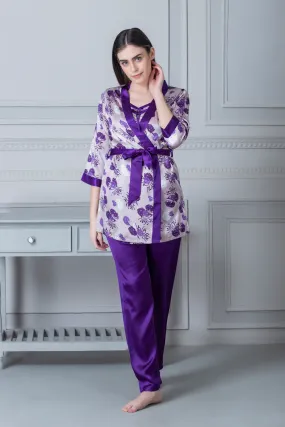 Printed satin Night suit with Robe Blue