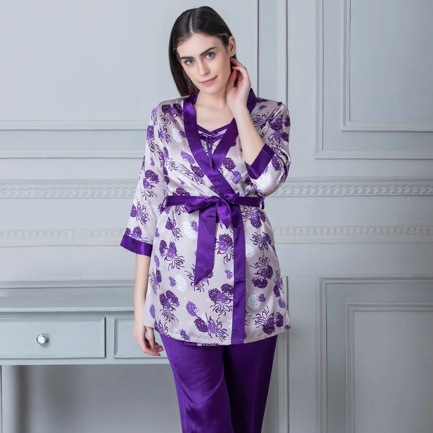 Printed satin Night suit with Robe Blue