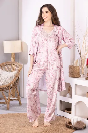 Printed Satin Night suit with Robe