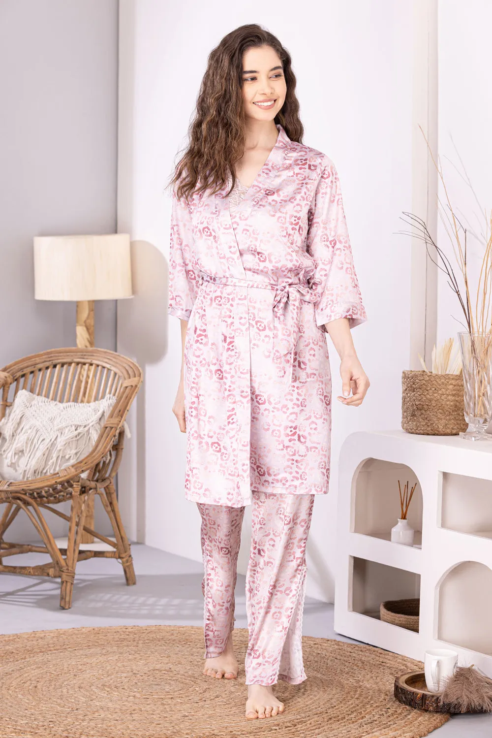 Printed Satin Night suit with Robe