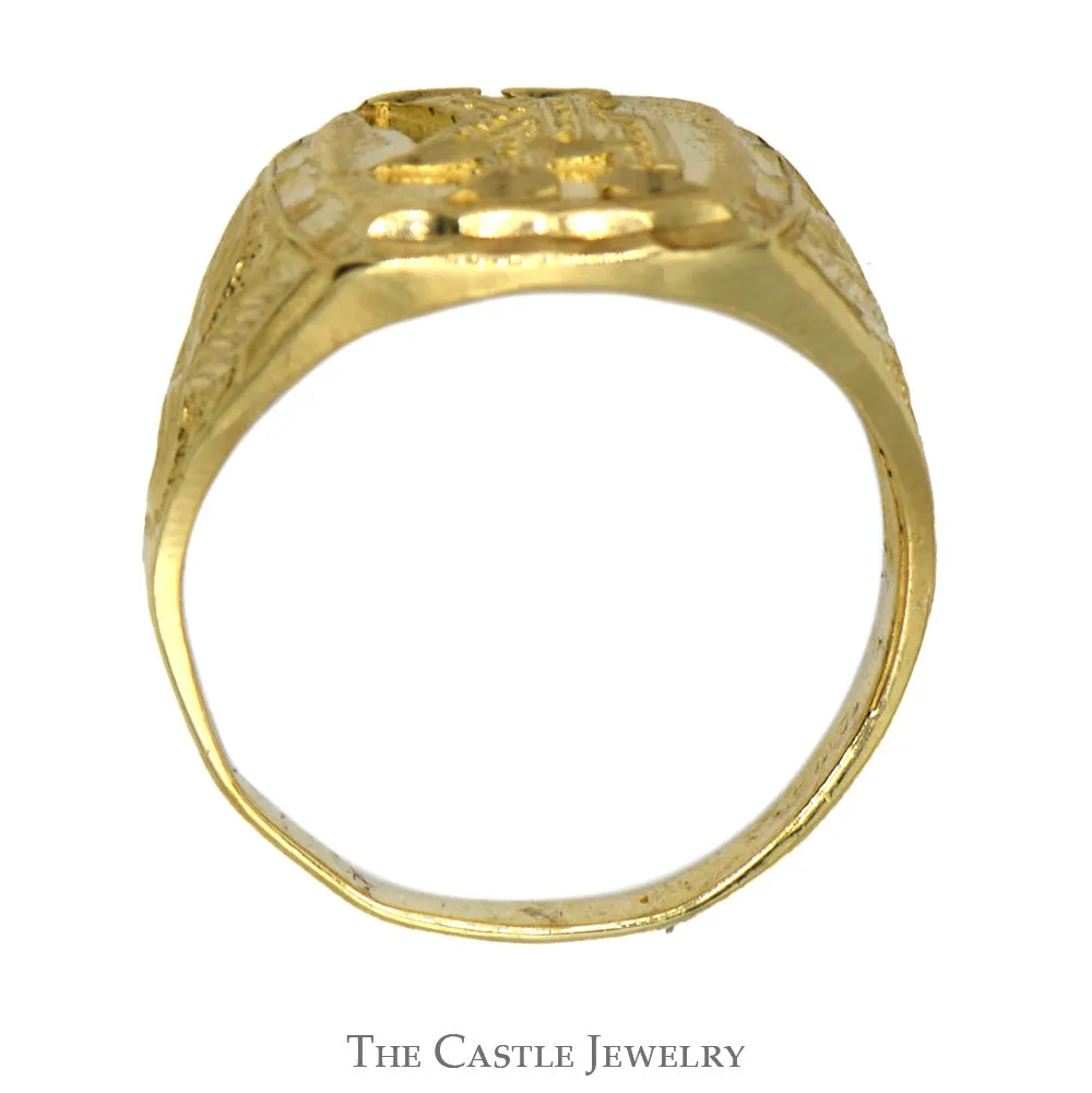 "UK" Logo Ring with Leaf Detailed Sides in 10k Yellow Gold