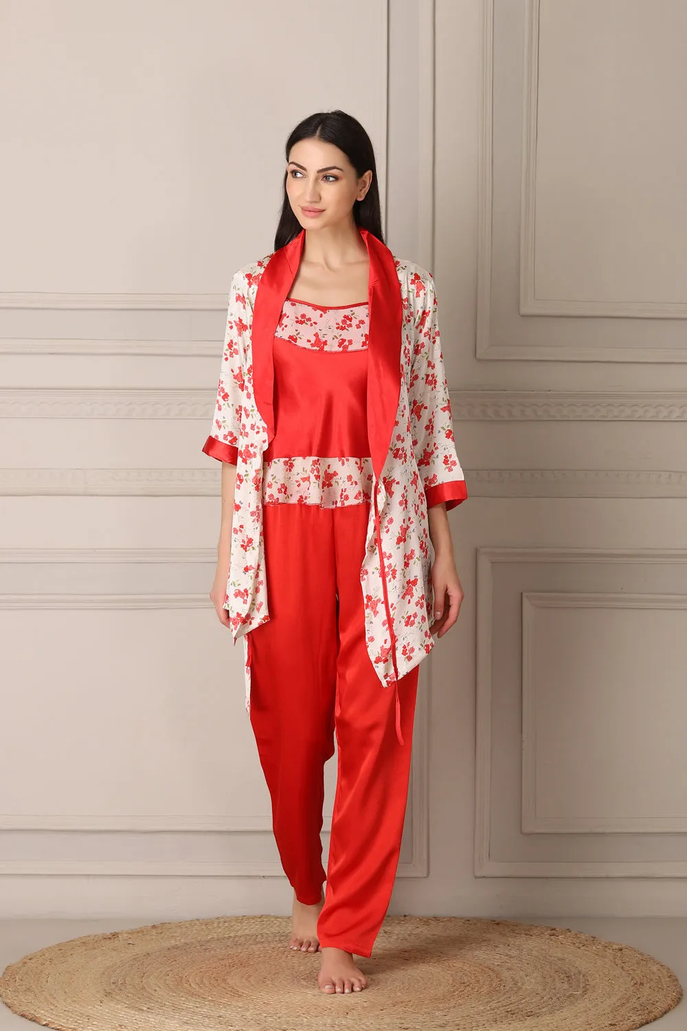 Red Satin Night suit with Printed Robe