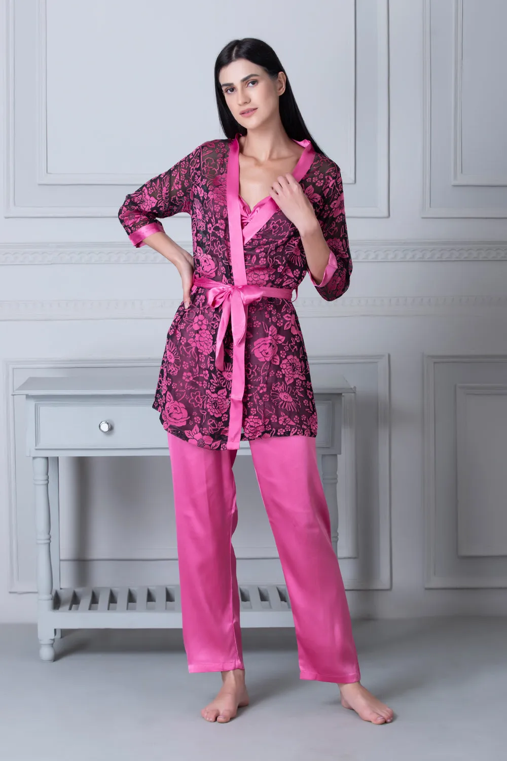 Satin Night suit with Floral Robe