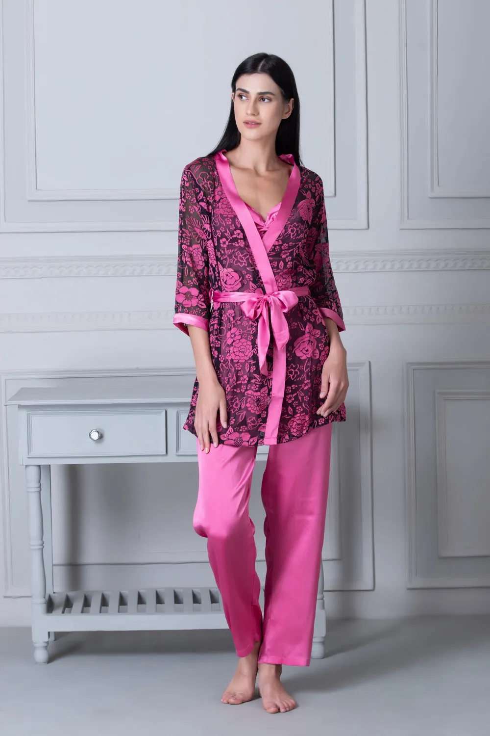 Satin Night suit with Floral Robe