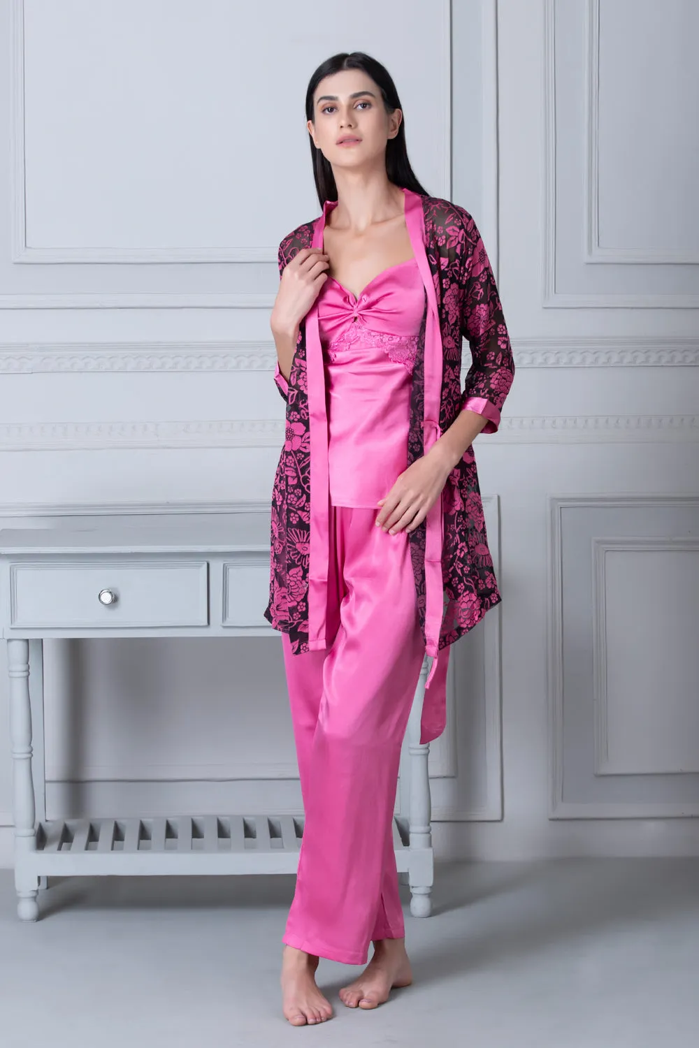 Satin Night suit with Floral Robe