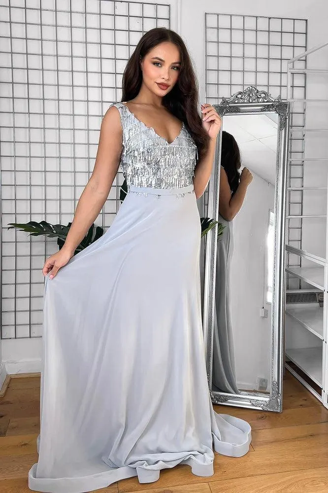 Sequinned Fringe V-Neck Sleeveless Occasion Maxi Dress