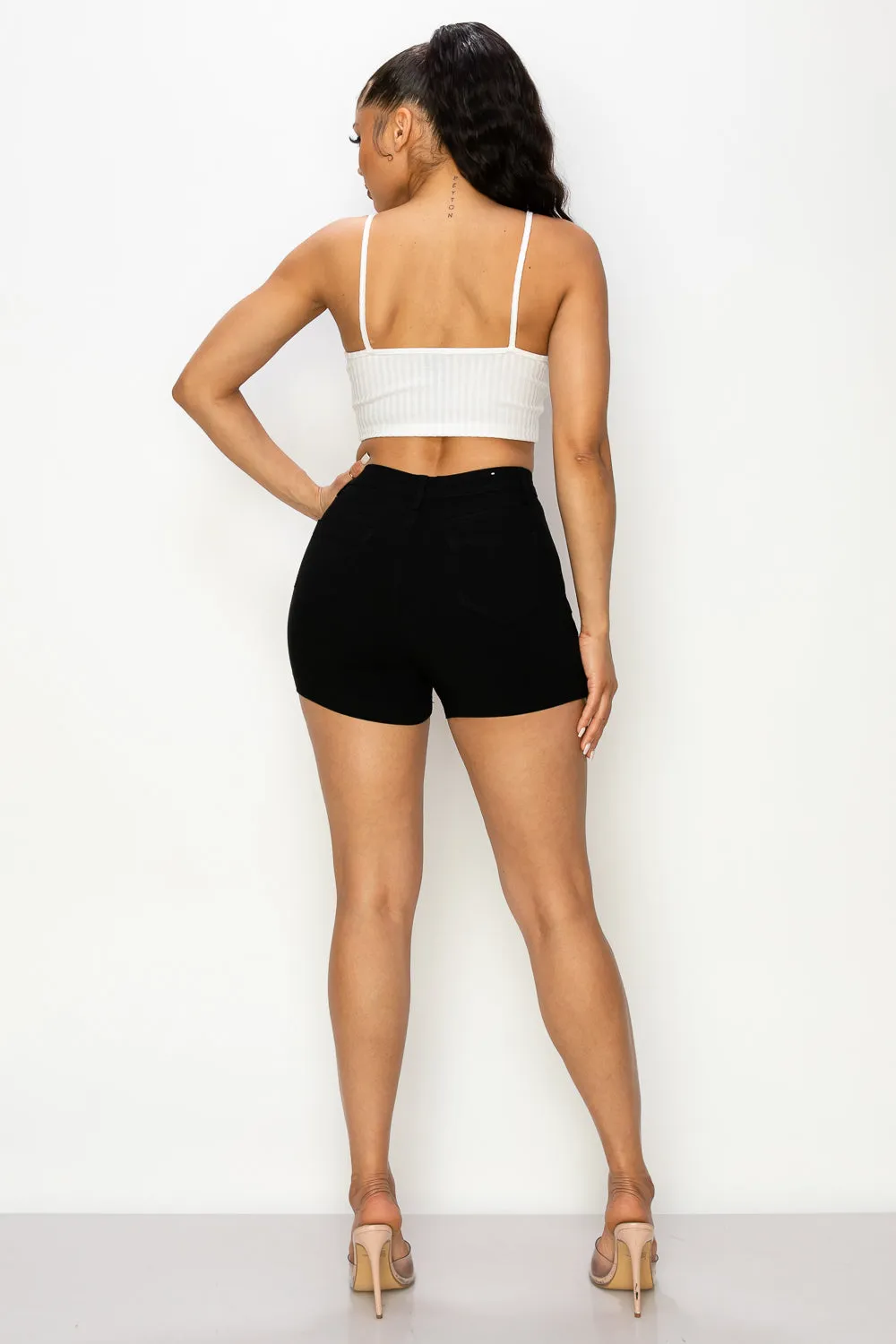 SH-300 BLACK SEXY CUT OPEN BUTTON DENIM SHORTS