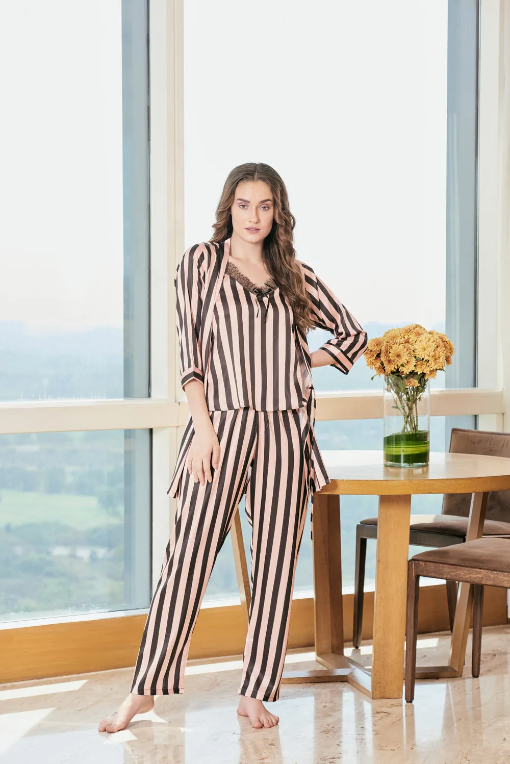 Stripe Satin Night suit with Robe